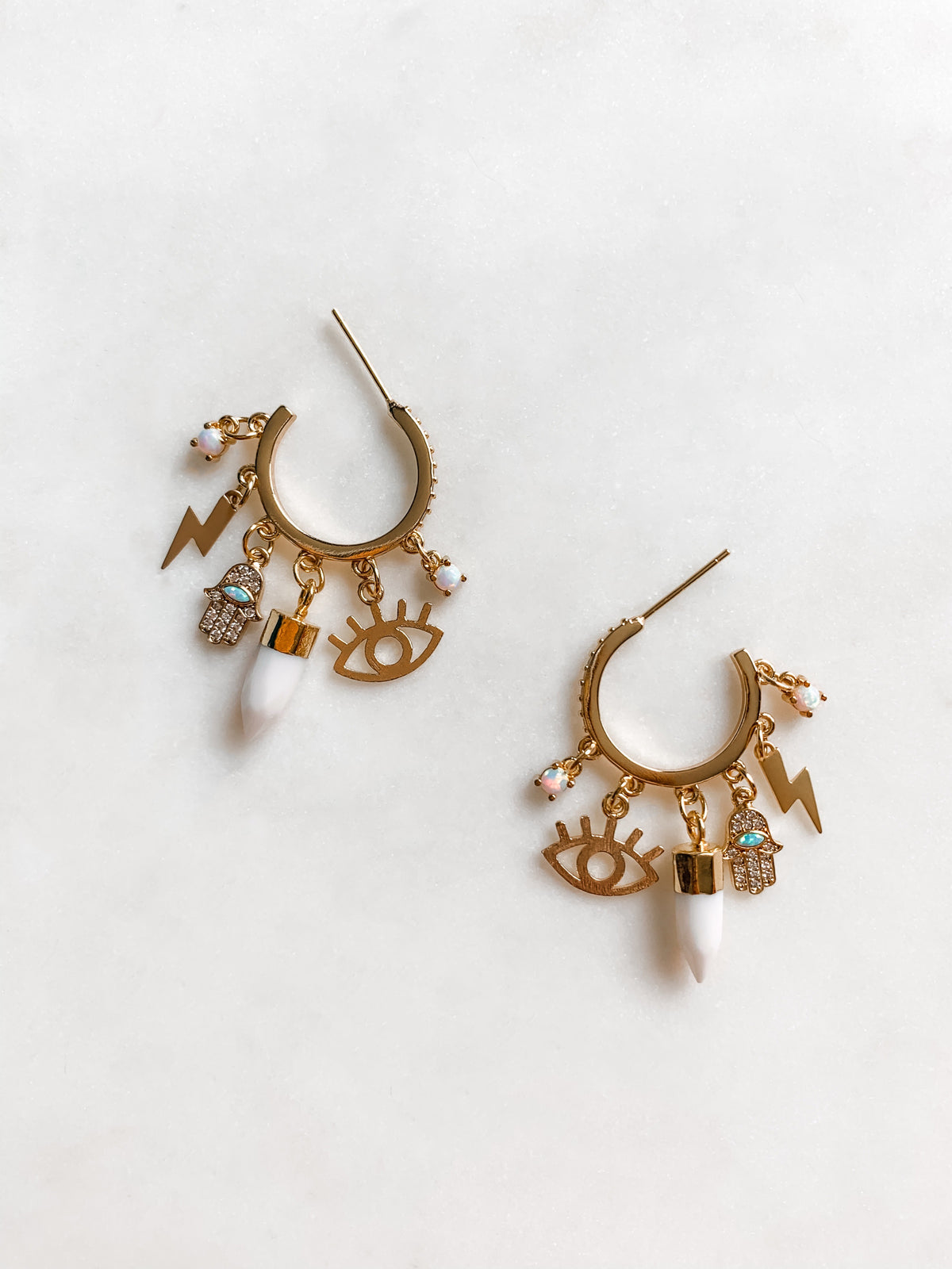 White Agate Charm Hoops