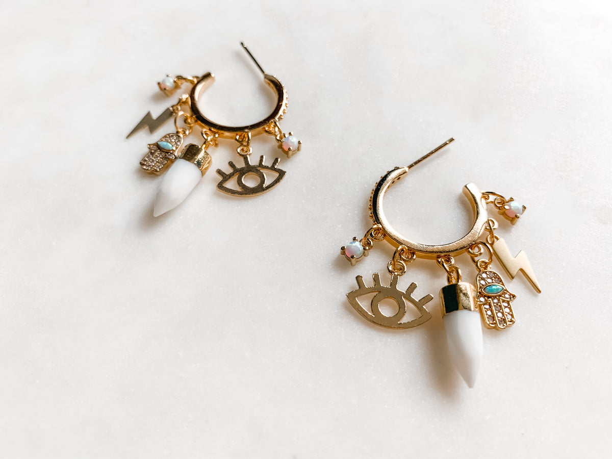 White Agate Charm Hoops