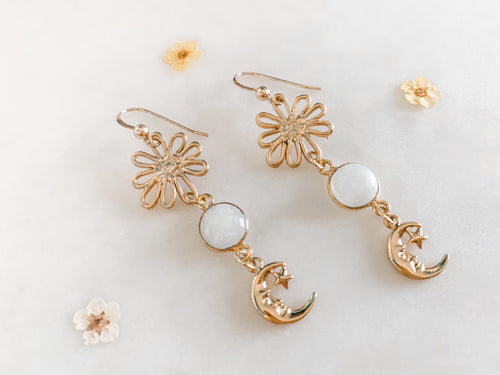 Daisy in the Sky with Moonstones Earrings - The Pretty Eclectic