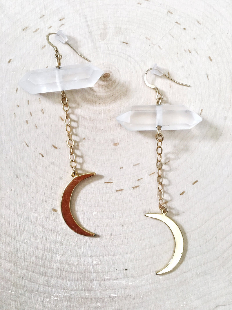 Demetria - Quartz Crescent Moon Earrings - The Pretty Eclectic